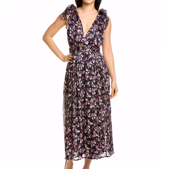 EUC Sabina Musayev Black Pink Metallic Floral Open Back Plunge V-Neck Maxi Dress - Picture 2 of 15